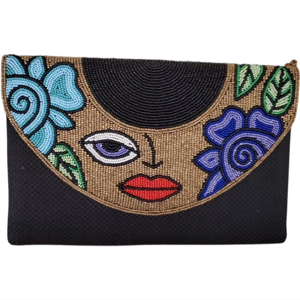 Beaded DAVID JEFFREY Multicolor Floral Face Evening Clutch, Gold Crossbody Chain - Picture 2 of 12